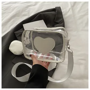 Detail of transparent PVC crossbody bag with white heart and matching round coin purse