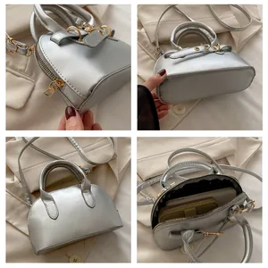 Detailed views of a silver shell bag showing interior, base, and metallic PU texture
