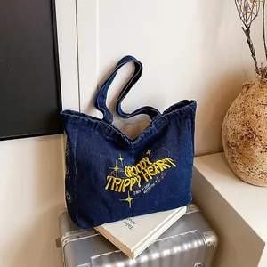 Women Vintage Denim Tote Bag Large Capacity Embroidery Groovy Trippy Heart Letter Pattern Denim Shoulder Bag School Commuter Handbag
