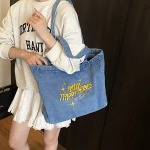 Vintage blue denim tote bag with Groovy Trippy Heart embroidery and star patterns
