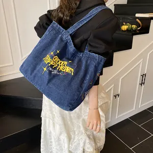 Large denim tote bag with Groovy Trippy Heart embroidery and colorful graffiti design
