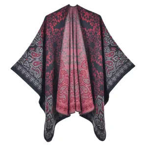 Vintage paisley pattern knitted shawl cape poncho for women in red and navy blue