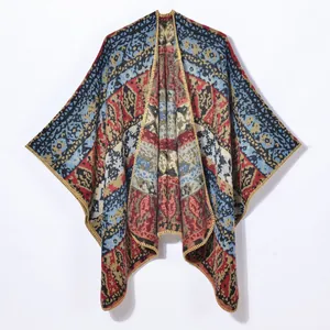 Vintage Geometric Rhombic Poncho Shawl For Women Bohemian Ethnic Knit Cape Open Front Split Warm Winter Cardigan Wrap