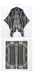 Flat lay view of a thick knit shawl with geometric jacquard patterns and tile display detail