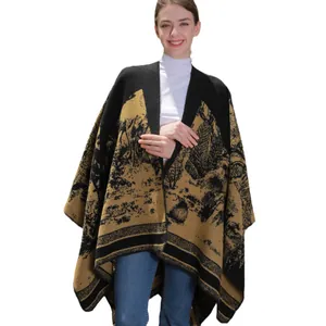 Women's thick knit cashmere-like poncho shawl with yellow landscape pattern