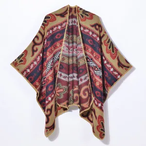 Bohemian Paisley Floral Jacquard Shawl Poncho For Women Retro Imitation Cashmere Open Front Wrap Cape For Winter Travel