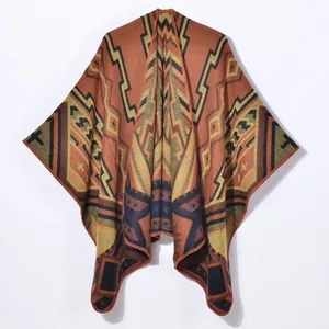 Vintage Bohemian Geometric Jacquard Thickened Shawl Poncho For Women Tribal Aztec Pattern Warm Winter Wrap Open Front Cape