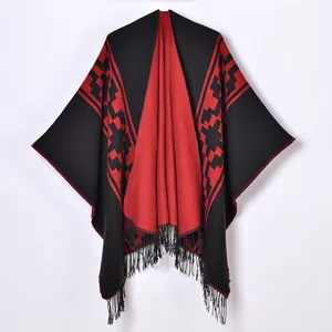 Women's Vintage Geometric Tassel Knit Poncho Shawl Warm Imitation Cashmere Jacquard Open Front Cloak Cape For Winter