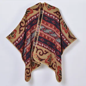 Bohemian vintage knit shawl with geometric patterns in red and black colors