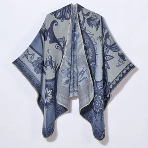 Châle Femme Rétro Jacquard Fendu Bohème Paisley Floral Imitation Cachemire Chaud Cape Hiver Poncho Ouvert sur le Devant