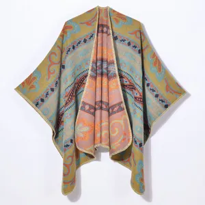 Bohemian paisley knit shawl wrap with ethnic patterns and blanket stitch edge