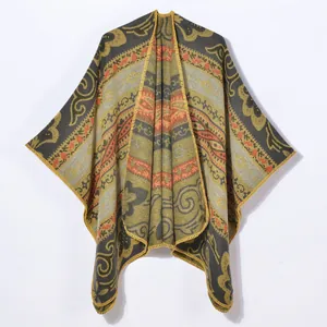 Retro ethnic paisley cardigan shawl in olive green and mustard yellow knit fabric