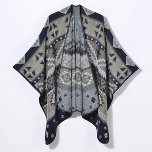 Scialle vintage in maglia da donna con motivo geometrico poncho bohémien blu notte