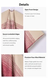 Detailed view of striped cashmere-like poncho featuring split front and reinforced stitching