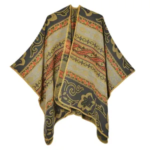 Bohemian knit shawl with geometric patterns and yellow stitched edges for women