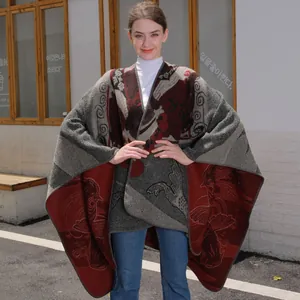 Chal de Punto para Mujer Imitación Cachemira Mezcla de Acrílico y Poliéster Poncho Con Estampado Étnico Floral Pez Koi Cálido Ropa de Abrigo para Viaje