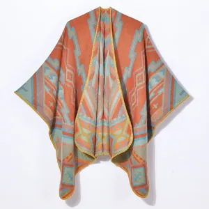 Thick geometric knit shawl with bohemian jacquard pattern and yellow whipstitched edges
