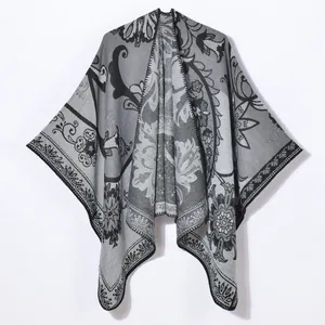 Châle vintage pour femme en maille jacquard fleurie noir et gris avec devant ouvert