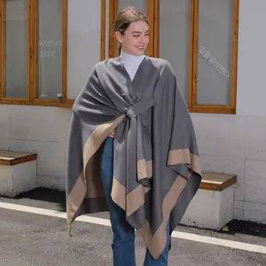 Women's dark grey and khaki split shawl cloak with belt in thick cashmere-like fabric