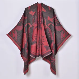 Mantella scialle da donna stile pastorale con motivo floreale vintage rosso e nero