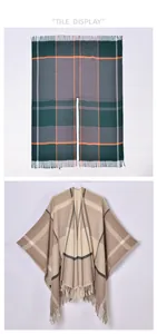Detailansicht eines karierten Poncho-Schals mit Fransensaum und dickem Strick