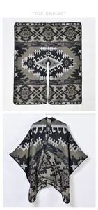 Detailed tile display of geometric knit poncho featuring tribal patterns and V-neck opening