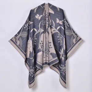 Scialle pashmina jacquard floreale blu navy e grigio con nappe per viaggi e stile