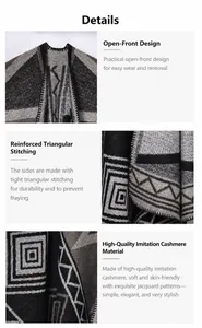 Dettaglio di scialle in finta cashmere con jacquard geometrico e cucitura overlock triangolare