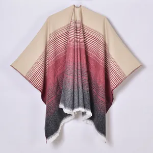 Women's Faux Cashmere Poncho Shawl Gradient Striped Tassel Open Front Wrap Scarf Warm High Quality Elegant Outerwear Cape