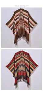 Detail view of two ethnic style shawls featuring striped patterns and fringed hem design