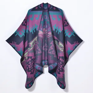 Women Vintage Geometric Tribal Shawl Cloak Bohemian Jacquard Split Front Warm Poncho Wrap Open Front Cardigan Cape