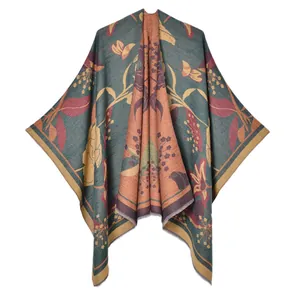 Scialle poncho jacquard in stile pastorale con ricami floreali e nappe in ciano scuro