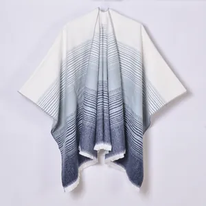 Women's gradient cashmere shawl with knit stripes and fringe edge, blue and white wrap
