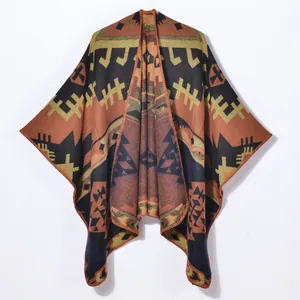 Bohemian geometric knit poncho with warm vintage jacquard patterns and open front design