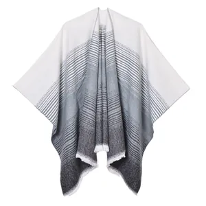 Women's gradient stripe cashmere shawl with fringe trim, minimalist knit poncho design