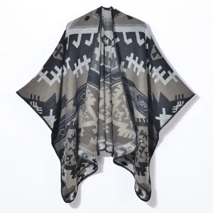 Vintage geometric pattern knit poncho shawl for women in grey and navy blue shades