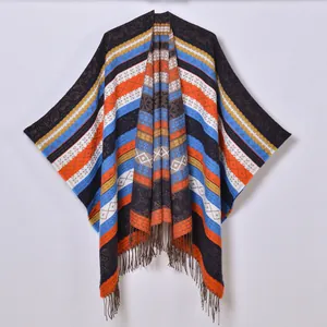 Women Bohemian Ethnic Poncho Shawl With Tassels Geometric Striped Warm Winter Cape For Travel Outdoor