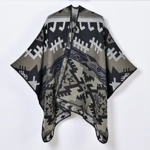 Women's vintage geometric tribal knit poncho wrap shawl in black and grey patterns