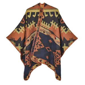 Retro geometric diamond shawl with ethnic knit patterns in rust red and navy blue tones