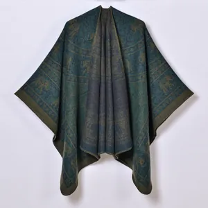 Ethnic bohemian shawl with elephant jacquard pattern and thick knitted green fabric