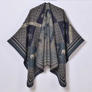 Vintage jacquard knit poncho with geometric grid and horse silhouette patterns