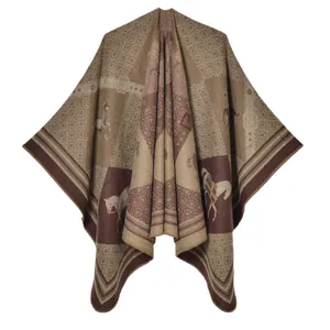 Women's vintage horse jacquard knit poncho with geometric patterns in brown tones