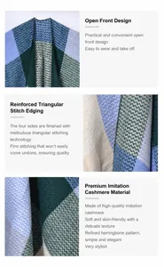 Detail of split front design with triangle stitch edging on faux cashmere plaid shawl