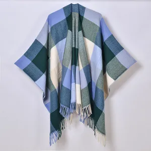 Women's Classic Plaid Shawl Wrap Front Split Poncho Cloak Winter Warm Cashmere-Like Tassel Color Block Cape Fashion Outerwear