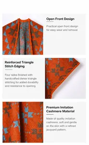Detail of the triangle stitch edging on the thick orange ethnic jacquard poncho cape