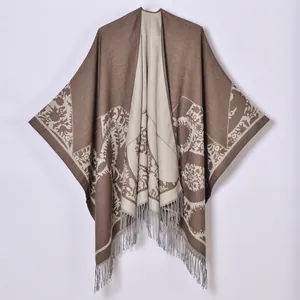Bohemian style double-sided jacquard travel shawl cape with tassel hem for women