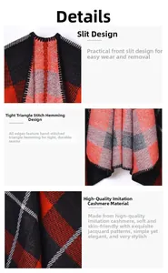 Detail of red plaid shawl with triangle stitch edging and imitation cashmere fabric