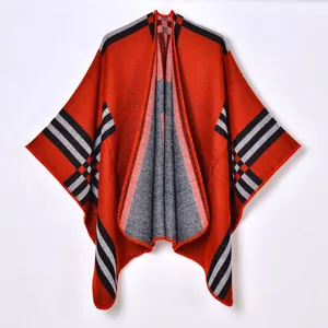 Poncho Châle Femme à Carreaux en Imitation Cachemire Cape Avec Gland Hiver Chaud Ouvert sur le Devant Tricot Couverture Géométrique