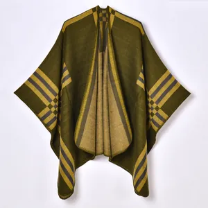 Châle poncho à carreaux pour femmes en vert olive et jaune, tricot d'automne