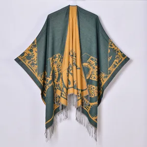 Women Bohemian Imitation Cashmere Poncho Shawl Floral Paisley Jacquard Tassel Wrap Open Front Warm Winter Cardigan Outerwear